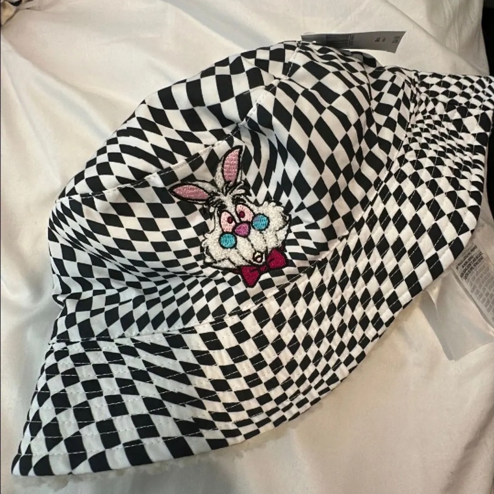 Alice in wonderland Black & White Checkerboard Bunny Embroidered Bucket Hat